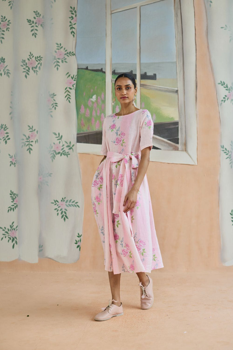 Rose Haze Midi Dress Linen linen by Nadiya Paar in pink color for women Worldwide