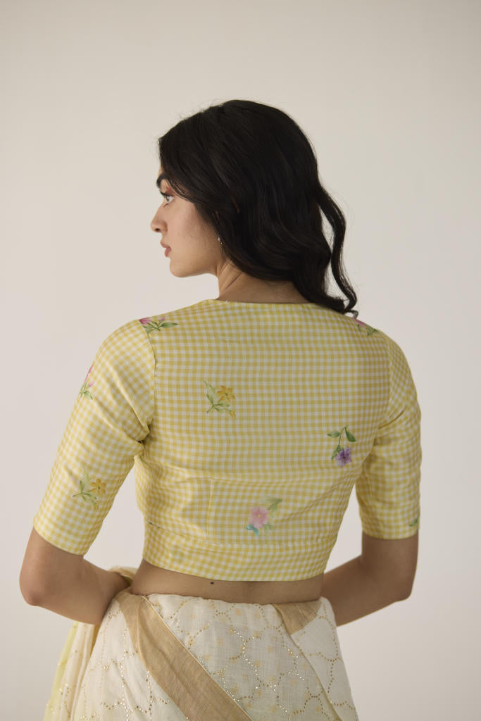 Garden V Neck Mulberry Silk Blouse silk by Nadiya Paar in yellow color for women Worldwide