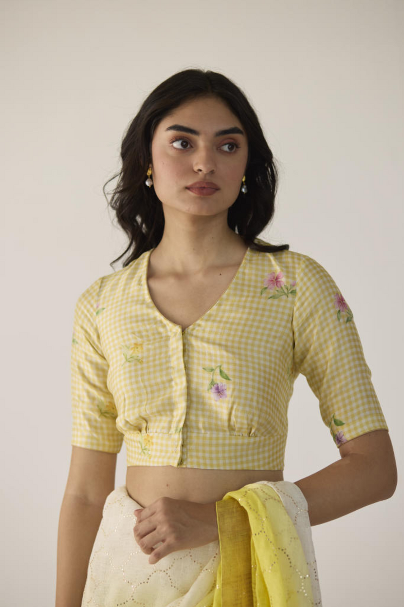 Garden V Neck Mulberry Silk Blouse silk by Nadiya Paar in yellow color for women Worldwide
