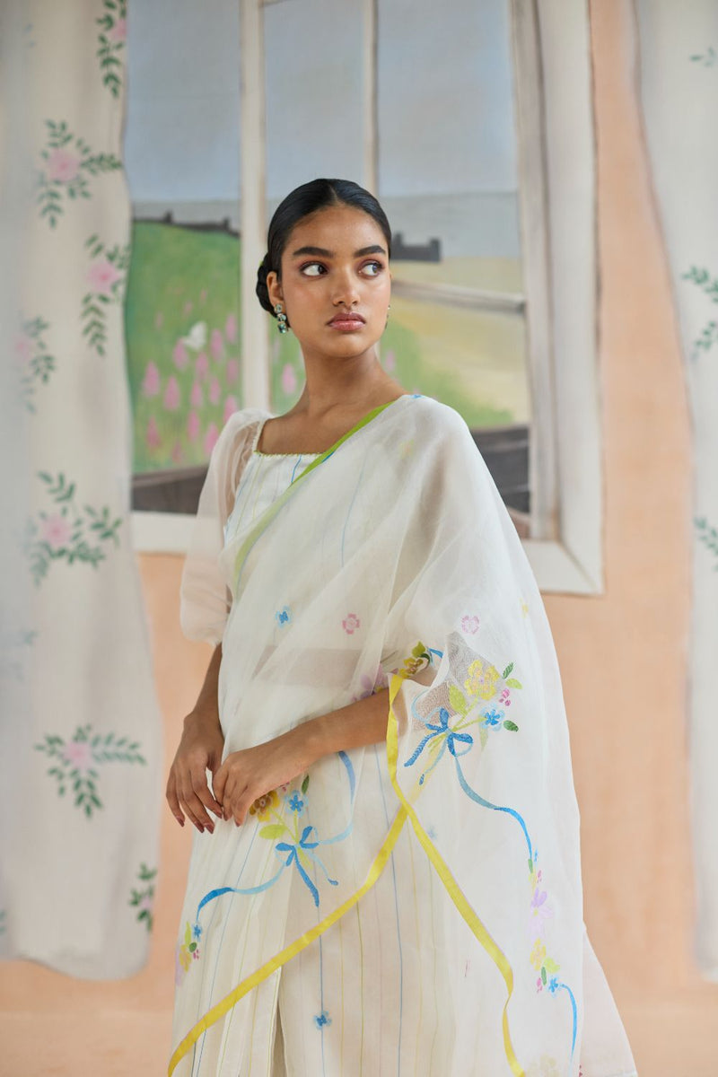 Love Bunch Jamdani Sari organza by Nadiya Paar in white color for women Worldwide