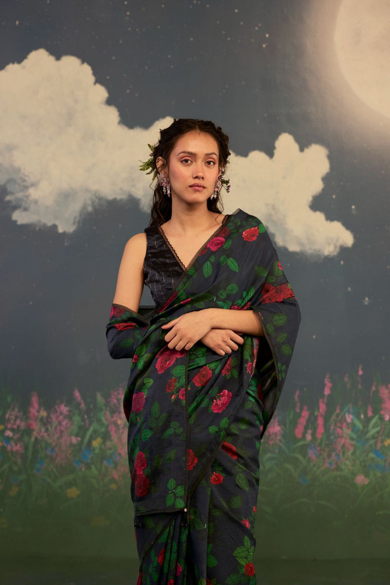 Scarlet Rose Mulberry Silk Sari silk by Nadiya Paar in black color for women Worldwide
