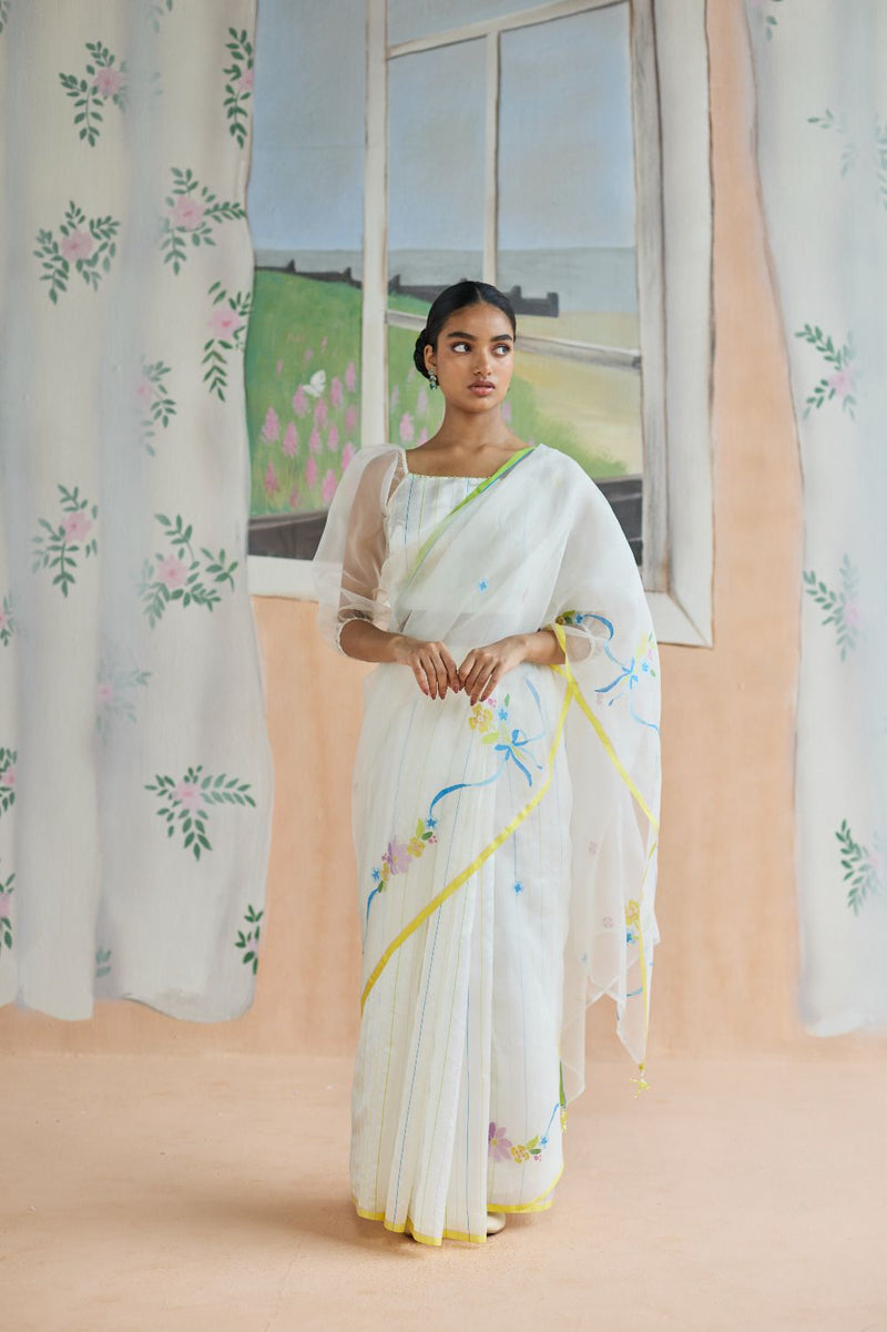 Love Bunch Jamdani Sari organza by Nadiya Paar in white color for women Worldwide