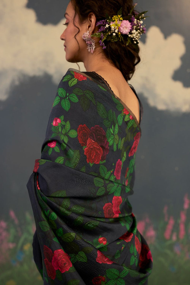 Scarlet Rose Mulberry Silk Sari silk by Nadiya Paar in black color for women Worldwide