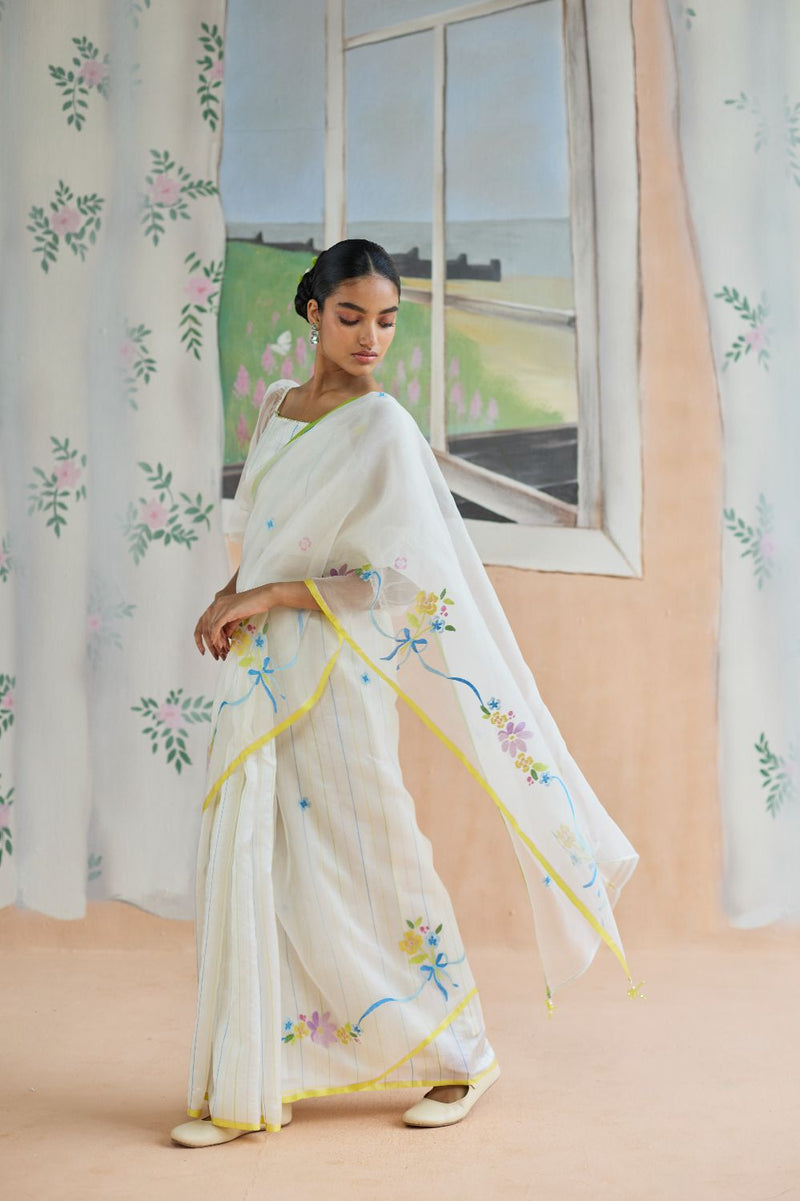 Love Bunch Jamdani Sari organza by Nadiya Paar in white color for women Worldwide