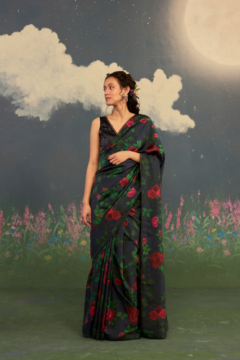 Scarlet Rose Mulberry Silk Sari silk by Nadiya Paar in black color for women Worldwide