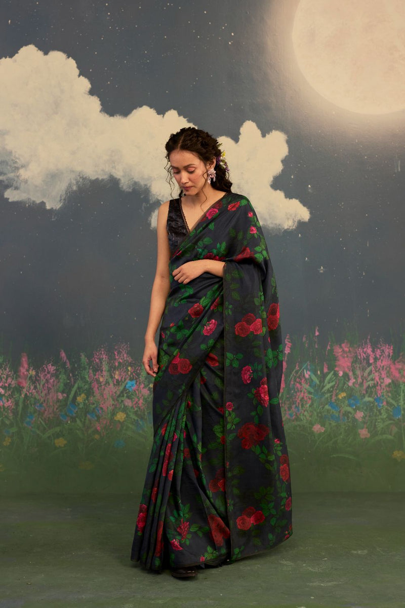 Scarlet Rose Mulberry Silk Sari silk by Nadiya Paar in black color for women Worldwide