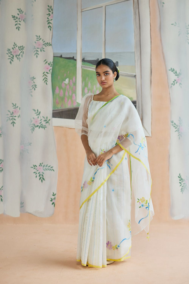 Love Bunch Jamdani Sari organza by Nadiya Paar in white color for women Worldwide