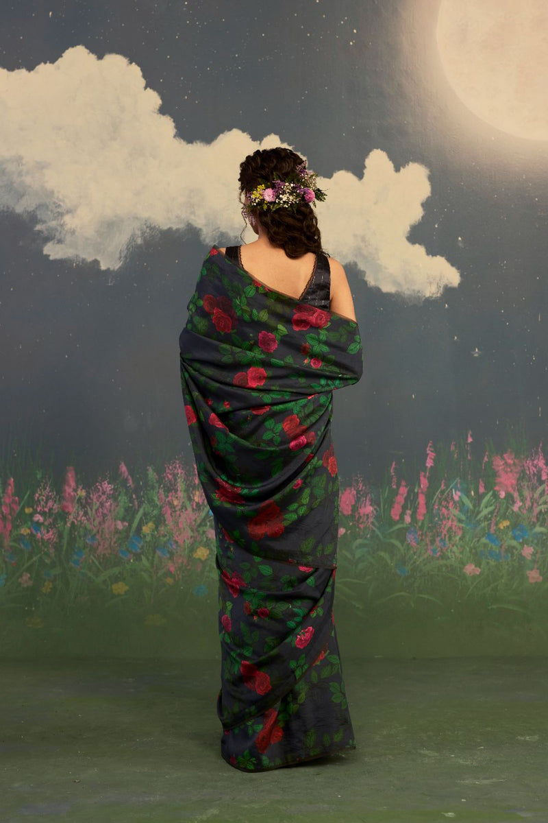 Scarlet Rose Mulberry Silk Sari silk by Nadiya Paar in black color for women Worldwide