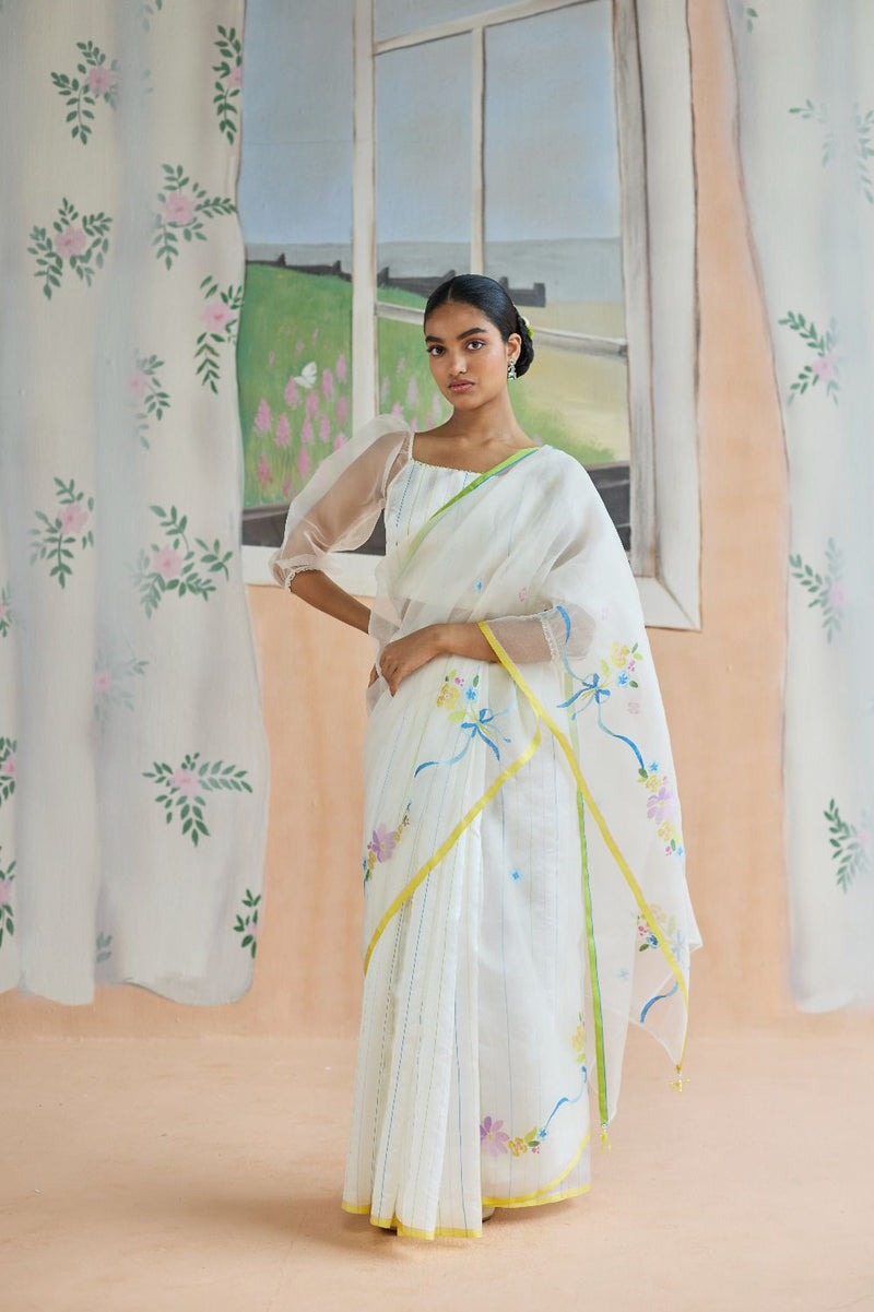 Love Bunch Jamdani Sari organza by Nadiya Paar in white color for women Worldwide