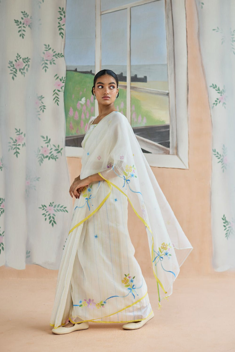 Love Bunch Jamdani Sari organza by Nadiya Paar in white color for women Worldwide