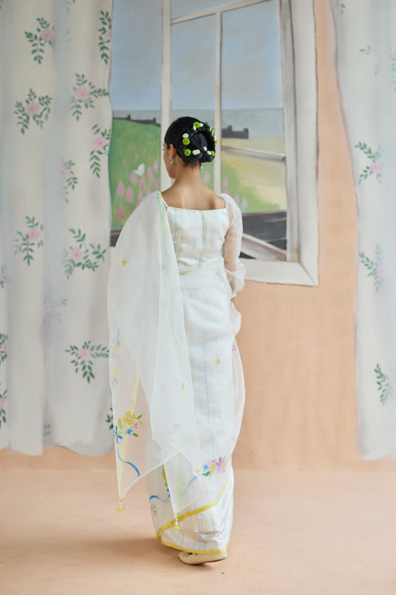 Love Bunch Jamdani Sari organza by Nadiya Paar in white color for women Worldwide