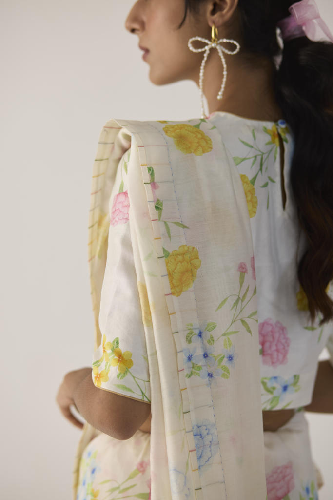 Marigolds Silk and Cotton Chanderi Sari silk by Nadiya Paar in white color for women Worldwide