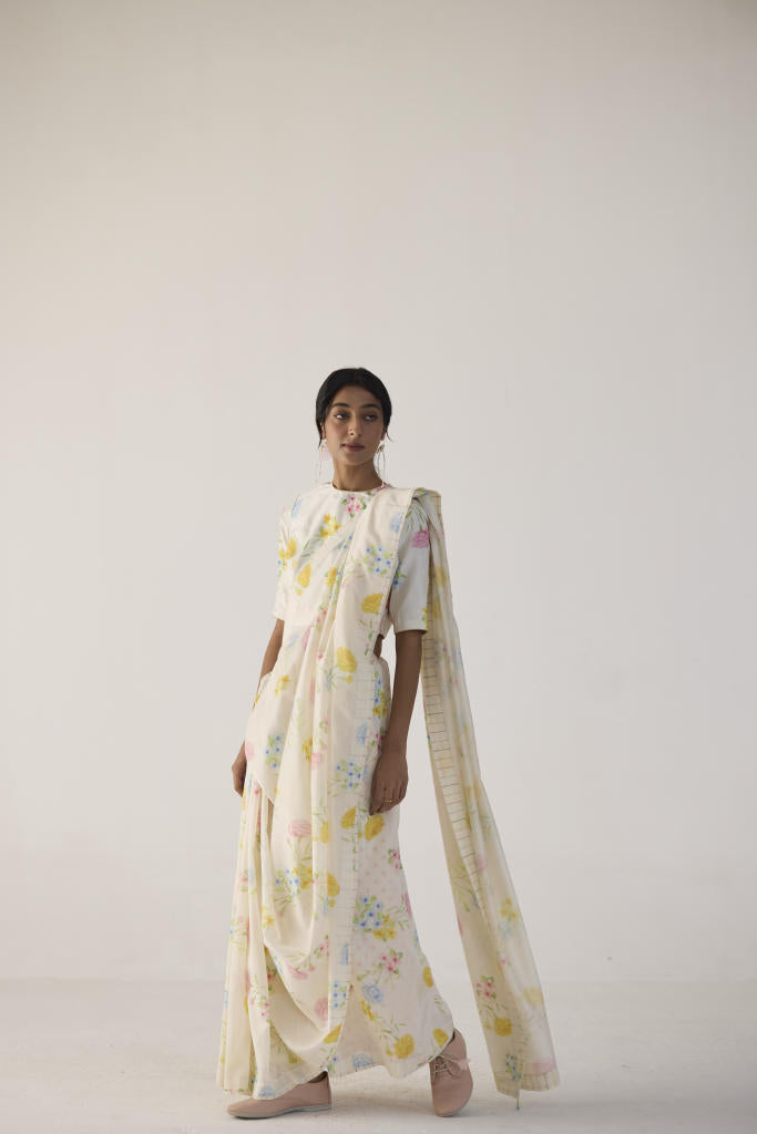 Marigolds Silk and Cotton Chanderi Sari silk by Nadiya Paar in white color for women Worldwide