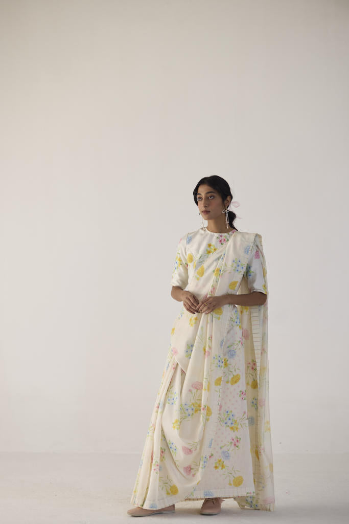 Marigolds Silk and Cotton Chanderi Sari silk by Nadiya Paar in white color for women Worldwide