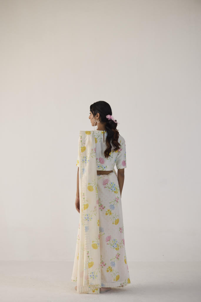 Marigolds Silk and Cotton Chanderi Sari silk by Nadiya Paar in white color for women Worldwide
