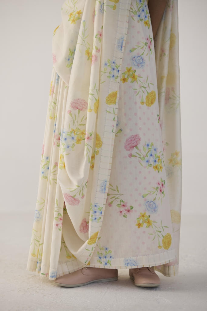 Marigolds Silk and Cotton Chanderi Sari silk by Nadiya Paar in white color for women Worldwide