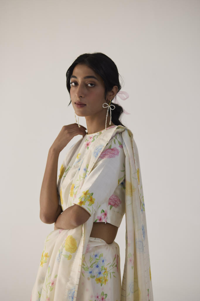 Marigolds Silk and Cotton Chanderi Sari silk by Nadiya Paar in white color for women Worldwide