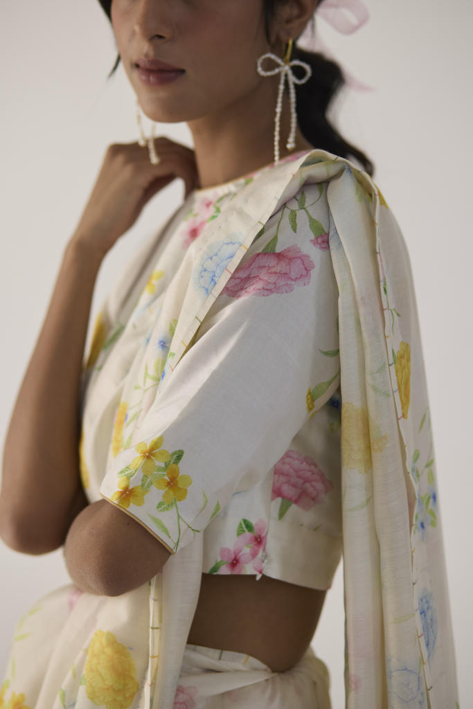 Marigolds Silk and Cotton Chanderi Sari silk by Nadiya Paar in white color for women Worldwide