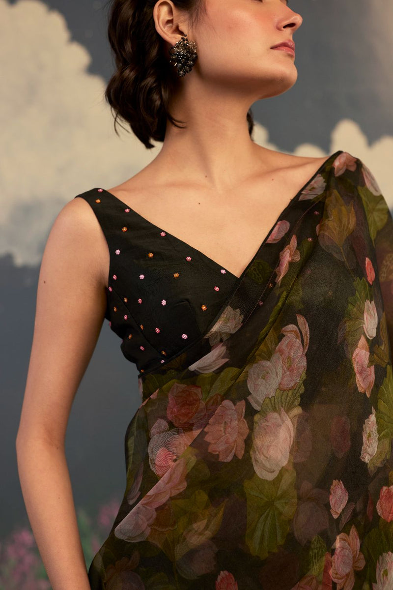 Lotus Mulberry Silk Sari silk by Nadiya Paar in black color for women Worldwide