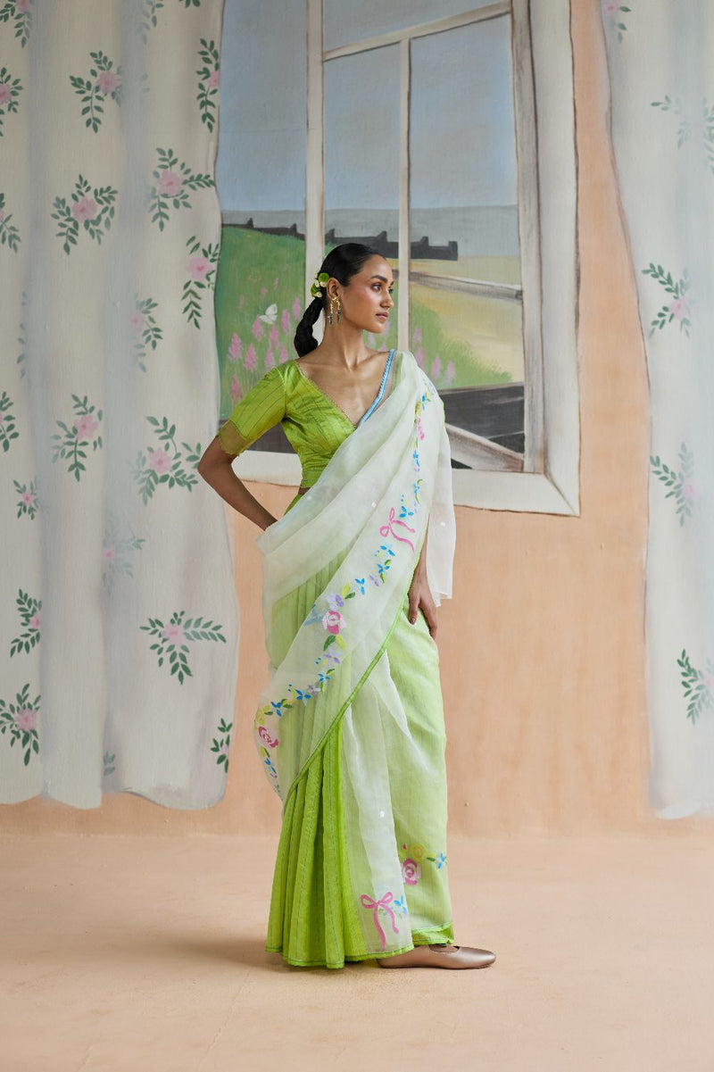 Garland Jamdani Sari organza by Nadiya Paar in green color for women Worldwide