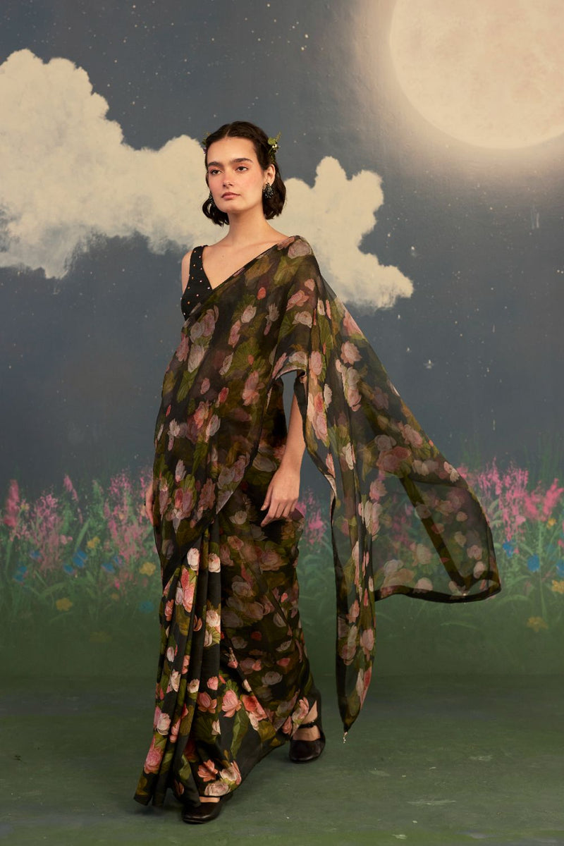 Lotus Mulberry Silk Sari silk by Nadiya Paar in black color for women Worldwide