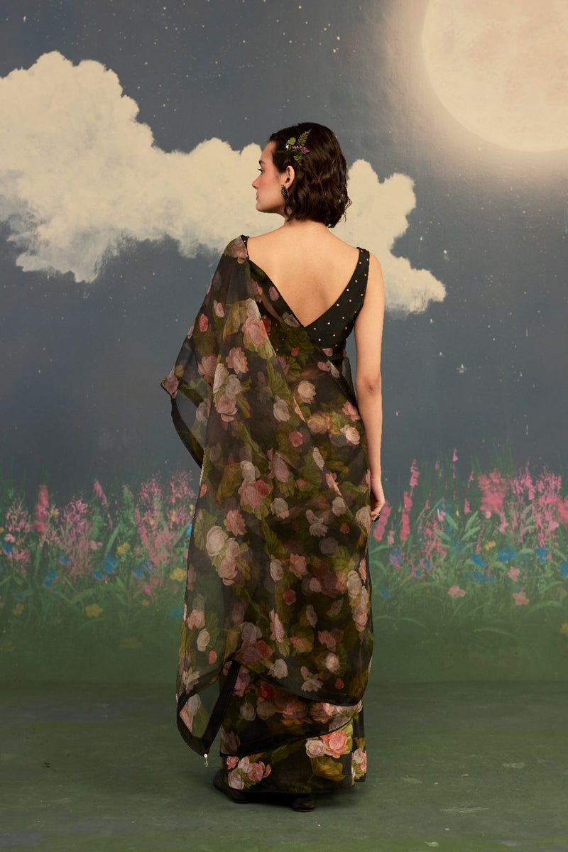 Lotus Mulberry Silk Sari silk by Nadiya Paar in black color for women Worldwide