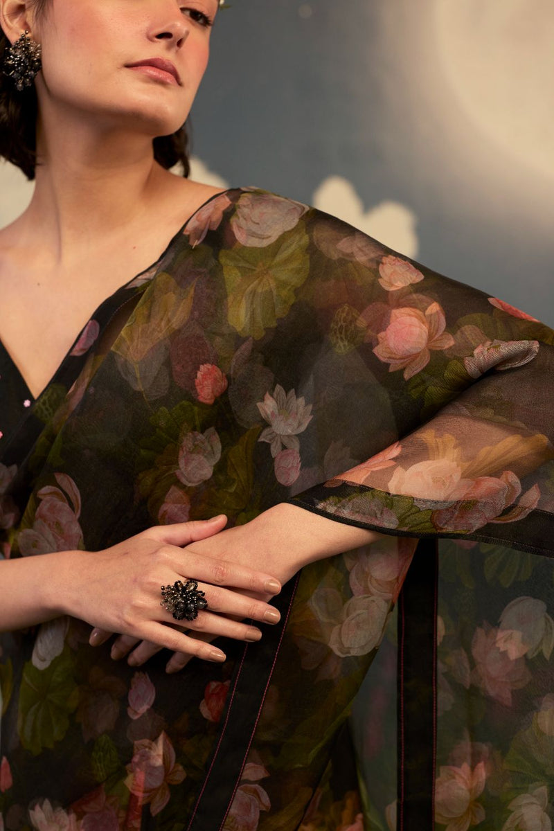 Lotus Mulberry Silk Sari silk by Nadiya Paar in black color for women Worldwide