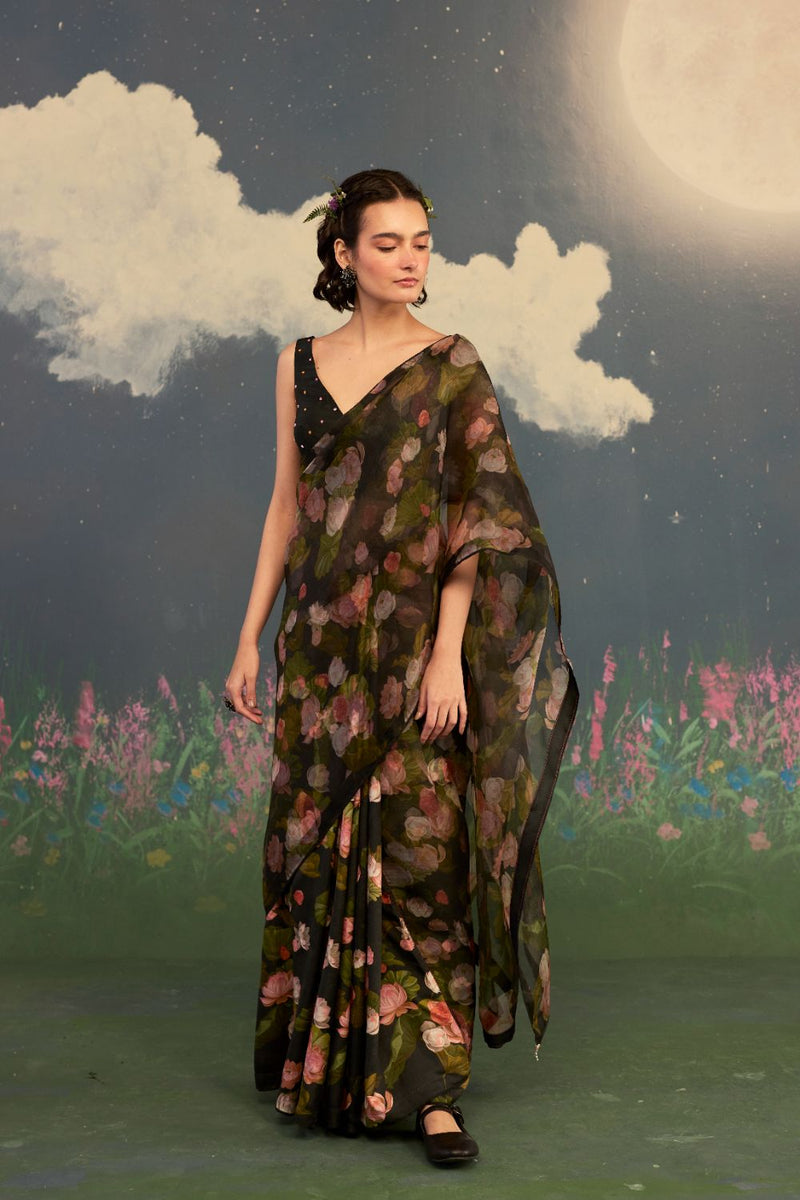 Lotus Mulberry Silk Sari silk by Nadiya Paar in black color for women Worldwide