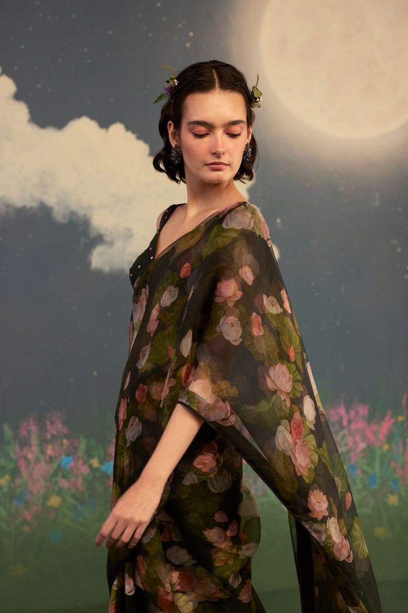 Lotus Mulberry Silk Sari silk by Nadiya Paar in black color for women Worldwide
