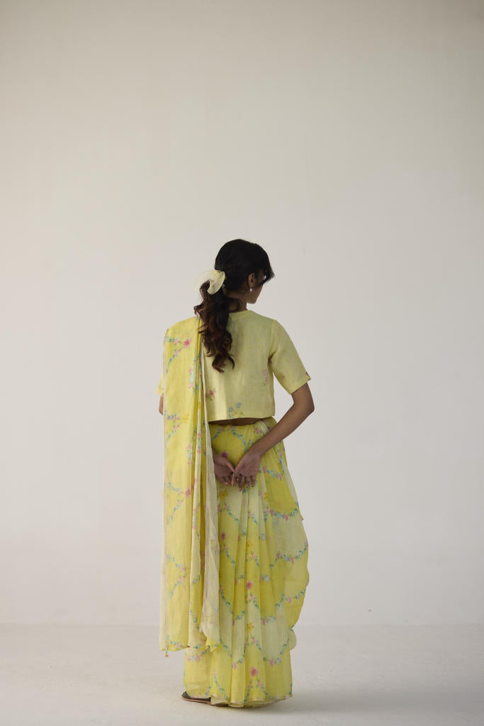 Gulmarg Linen Yellow Sari by Nadiya Paar in yellow color for women Worldwide
