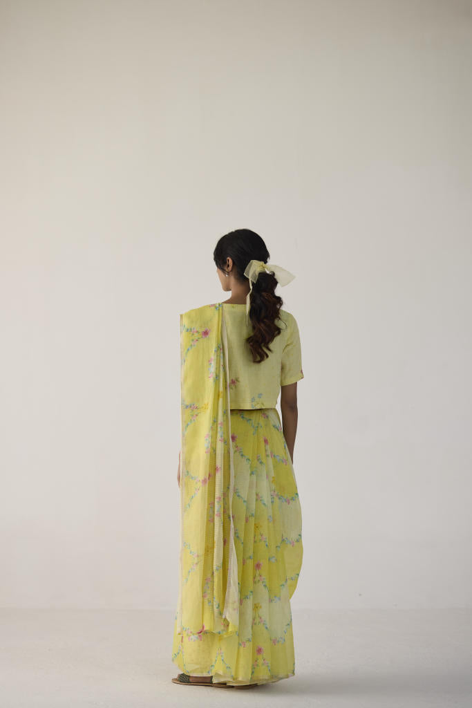 Gulmarg Linen Yellow Sari by Nadiya Paar in yellow color for women Worldwide