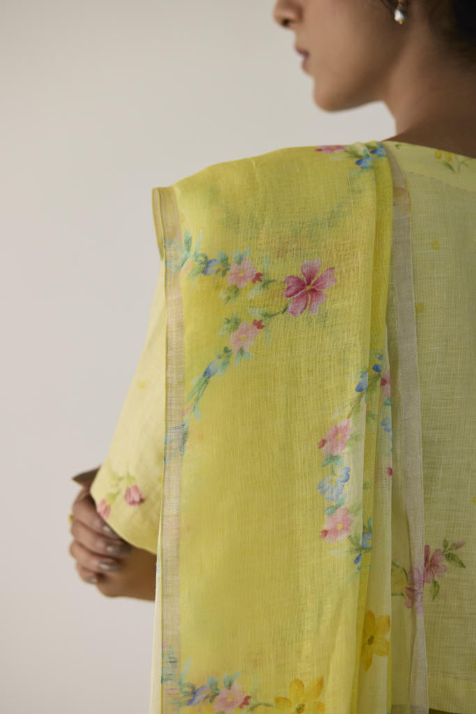 Gulmarg Linen Yellow Sari by Nadiya Paar in yellow color for women Worldwide