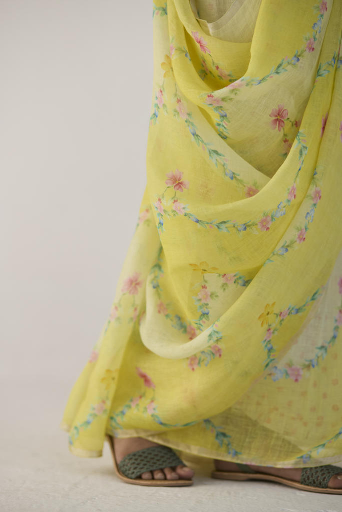 Gulmarg Linen Yellow Sari by Nadiya Paar in yellow color for women Worldwide
