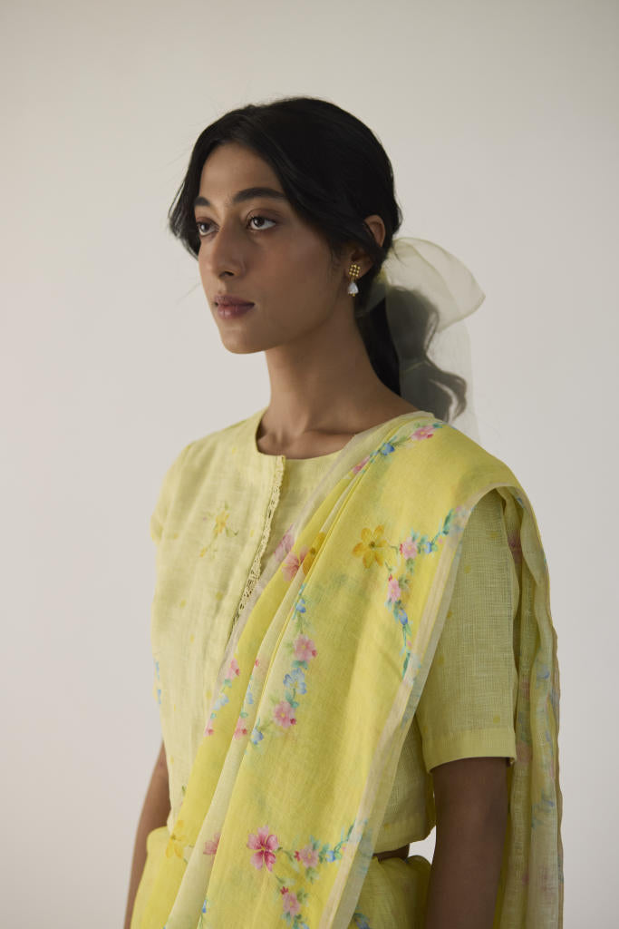 Gulmarg Linen Yellow Sari by Nadiya Paar in yellow color for women Worldwide