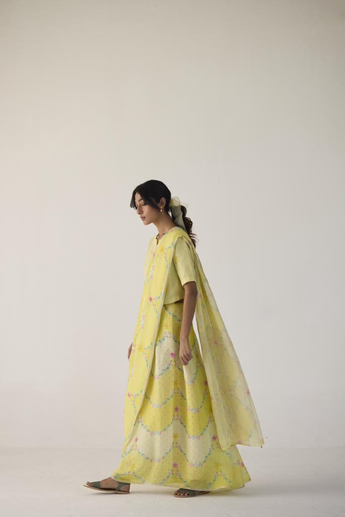 Gulmarg Linen Yellow Sari by Nadiya Paar in yellow color for women Worldwide