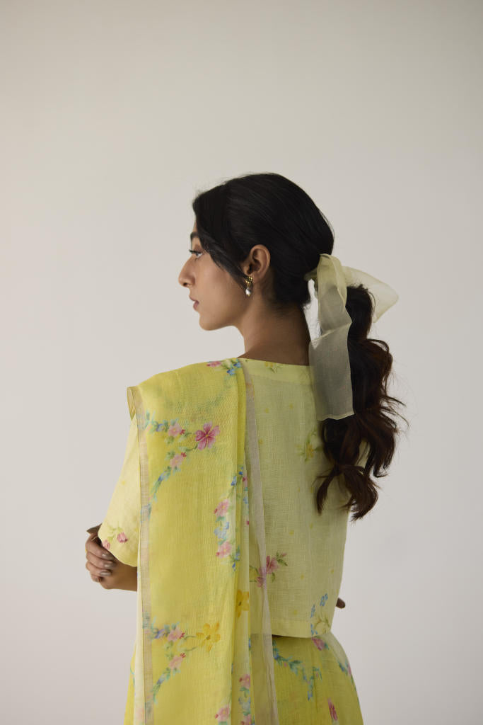 Gulmarg Linen Yellow Sari by Nadiya Paar in yellow color for women Worldwide