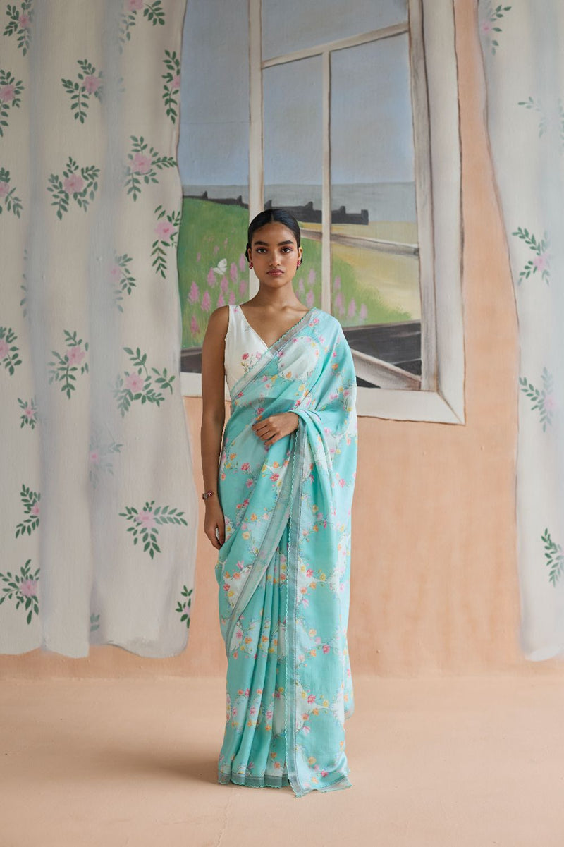 Drift and Dream Aqua Mulberry Silk Sari silk by Nadiya Paar in blue color for women Worldwide
