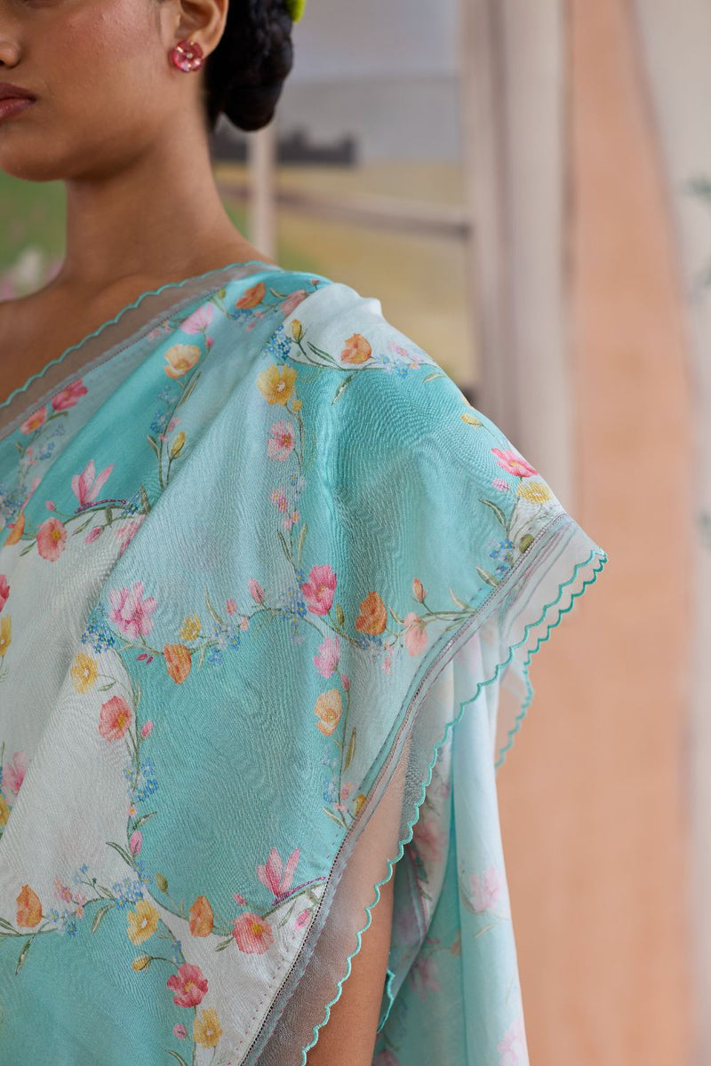 Drift and Dream Aqua Mulberry Silk Sari silk by Nadiya Paar in blue color for women Worldwide