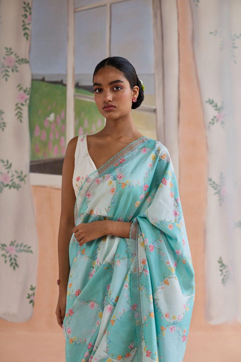 Drift and Dream Aqua Mulberry Silk Sari silk by Nadiya Paar in blue color for women Worldwide