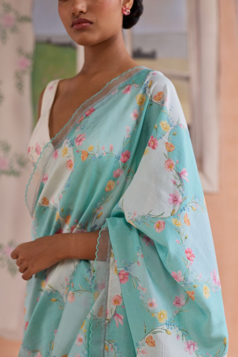 Drift and Dream Aqua Mulberry Silk Sari silk by Nadiya Paar in blue color for women Worldwide