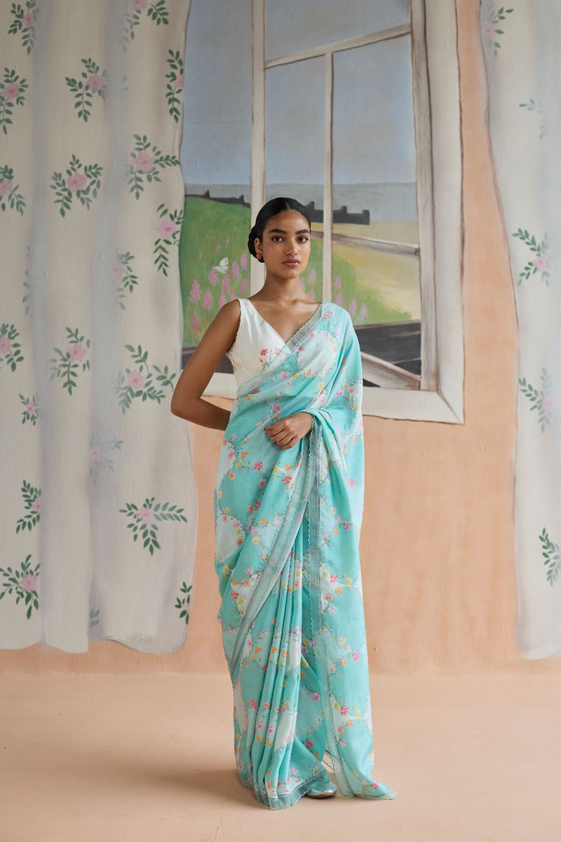 Drift and Dream Aqua Mulberry Silk Sari silk by Nadiya Paar in blue color for women Worldwide