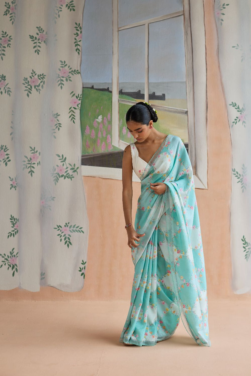 Drift and Dream Aqua Mulberry Silk Sari silk by Nadiya Paar in blue color for women Worldwide