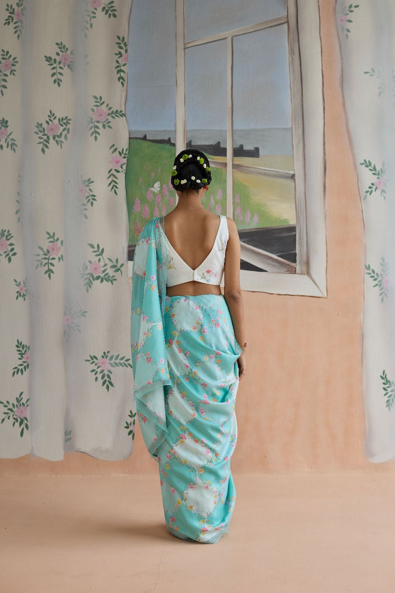 Drift and Dream Aqua Mulberry Silk Sari silk by Nadiya Paar in blue color for women Worldwide