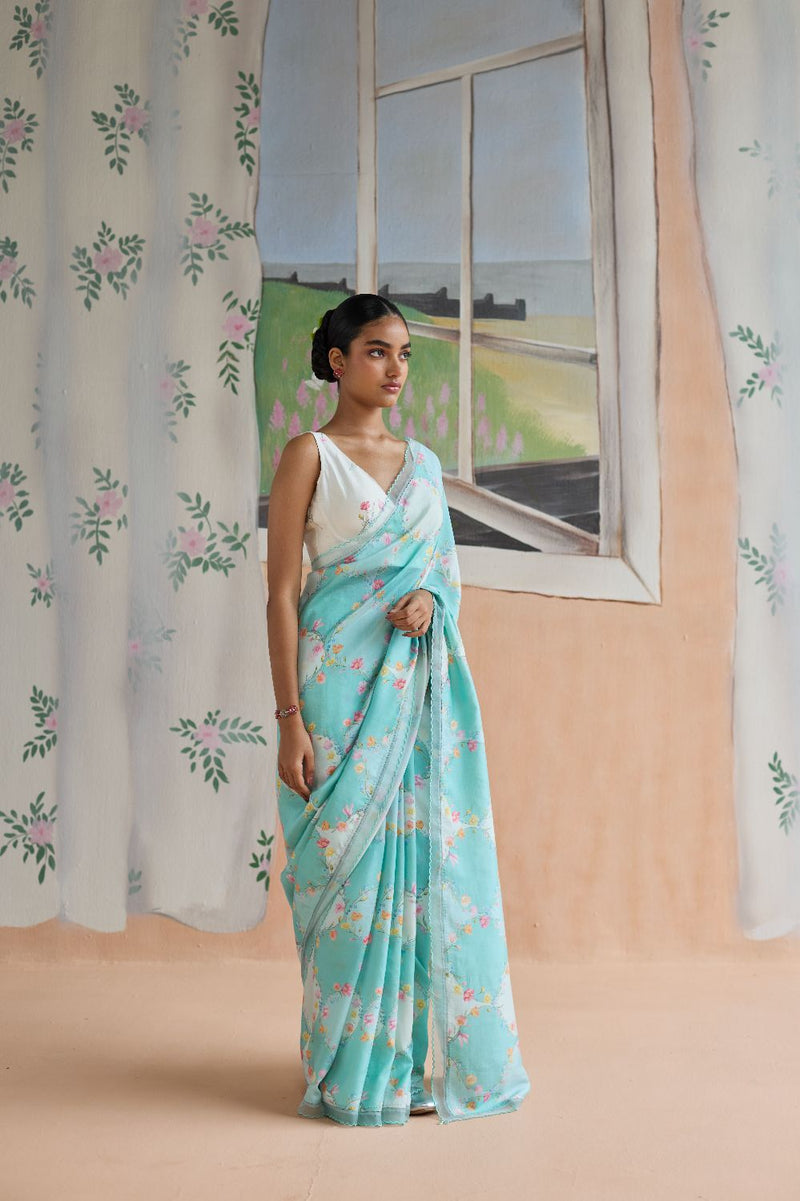 Drift and Dream Aqua Mulberry Silk Sari silk by Nadiya Paar in blue color for women Worldwide