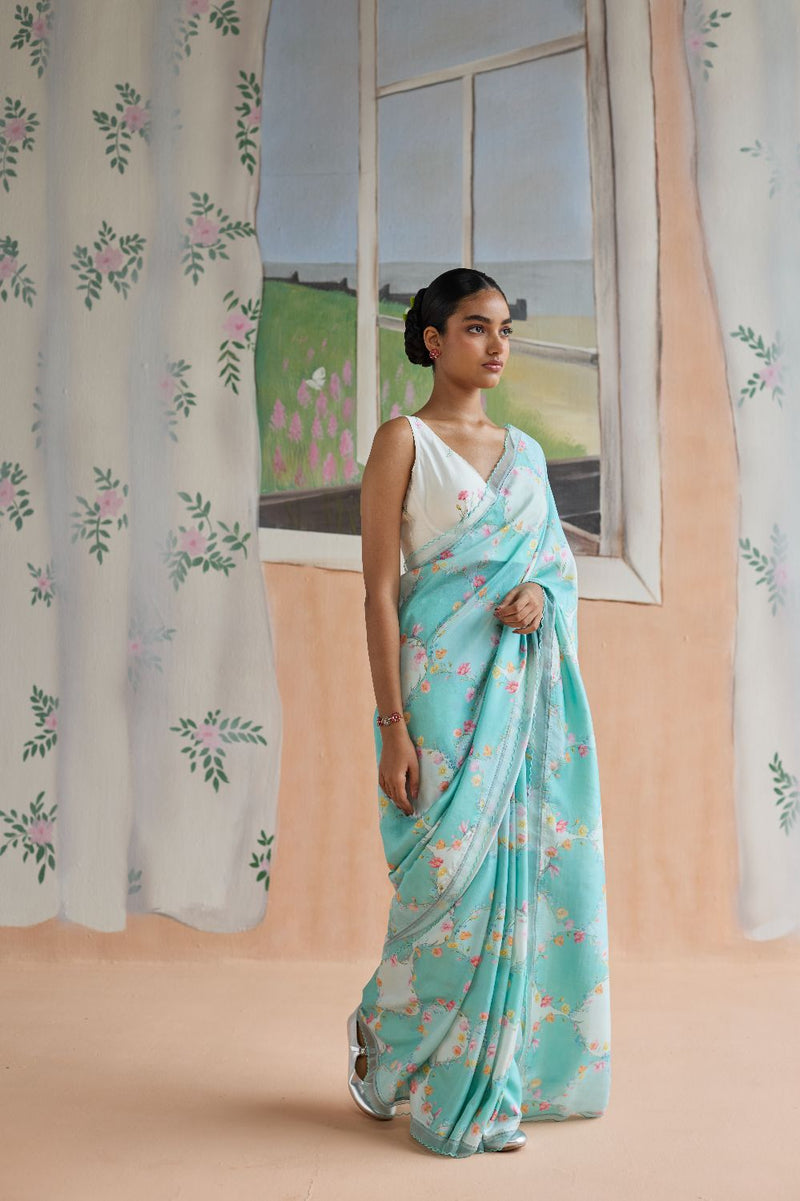 Drift and Dream Aqua Mulberry Silk Sari silk by Nadiya Paar in blue color for women Worldwide