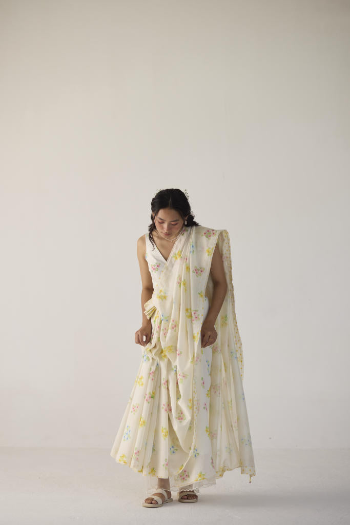 Periwinkle Silk and Cotton Chanderi Sari silk by Nadiya Paar in white color for women Worldwide