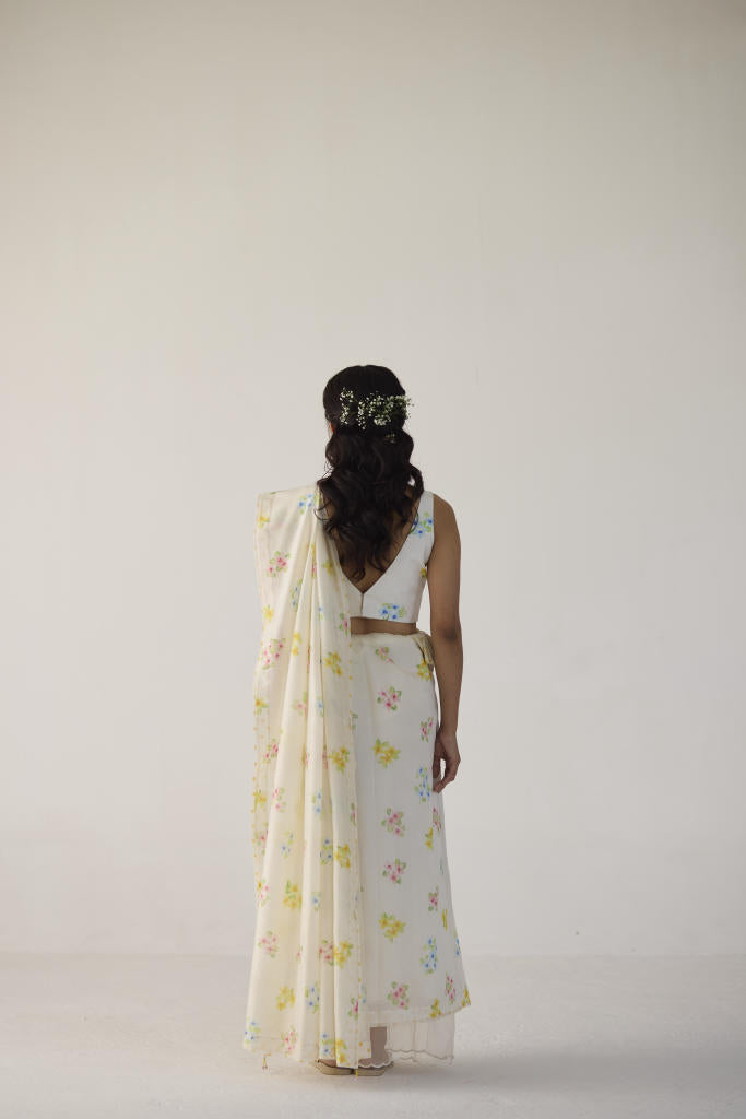 Periwinkle Silk and Cotton Chanderi Sari silk by Nadiya Paar in white color for women Worldwide