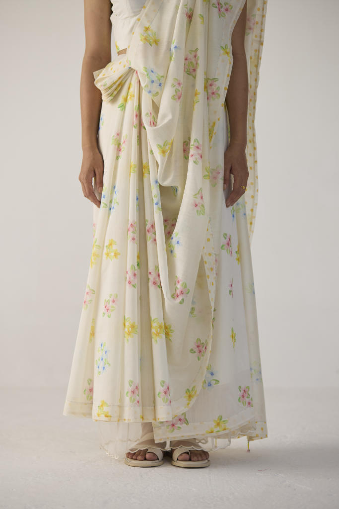 Periwinkle Silk and Cotton Chanderi Sari silk by Nadiya Paar in white color for women Worldwide