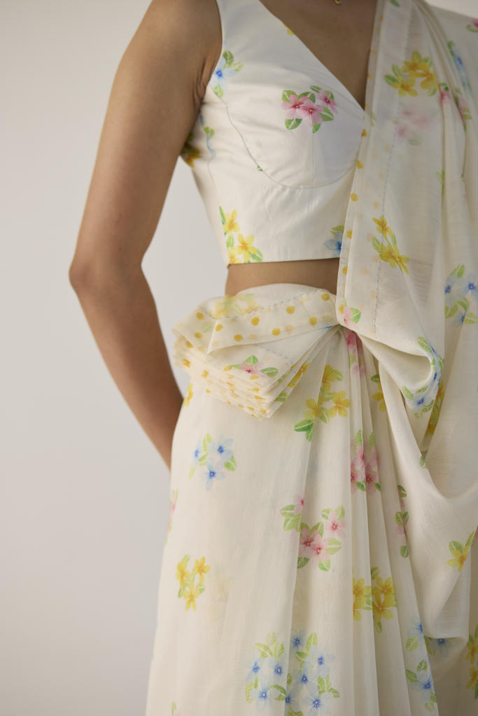 Periwinkle Silk and Cotton Chanderi Sari silk by Nadiya Paar in white color for women Worldwide