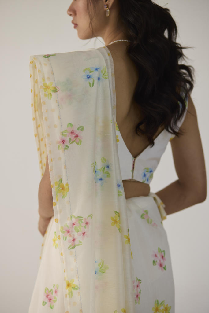 Periwinkle Silk and Cotton Chanderi Sari silk by Nadiya Paar in white color for women Worldwide